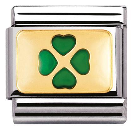 030206/27 Classic GEOMETRIC, S/Steel,enamel,bonded yellow gold green clover