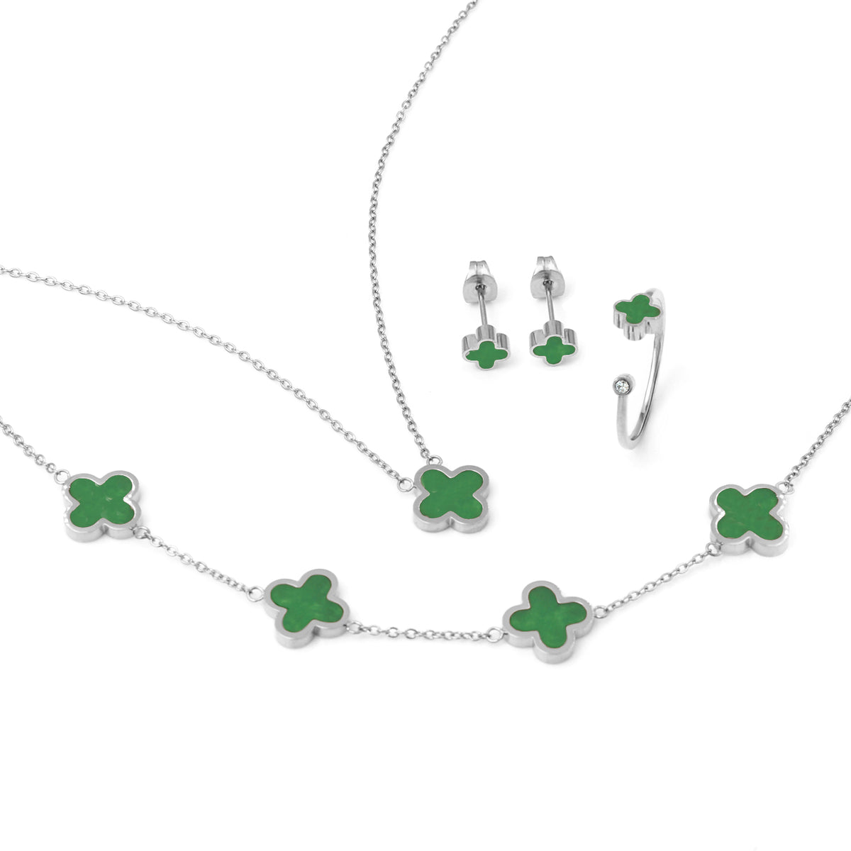 Green Crystal Clover 4-Piece Gift Set Silver | Say It With