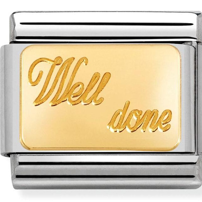 030121/27 Classic ENGRAVED SIGNS,S/steel,bonded yellow gold Well Done - SayItWithDiamonds.com