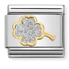 030220/03 Classic GLITTER , steel, enamel, bonded yellow gold,SILVER four-leaf clover