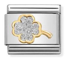 030220/03 Classic GLITTER , steel, enamel, bonded yellow gold,SILVER four-leaf clover - SayItWithDiamonds.com