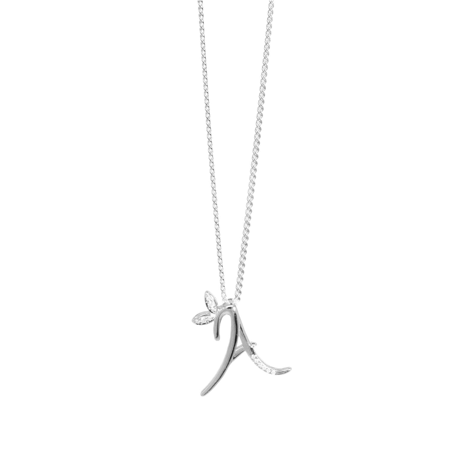 Winged Diamond Fancy Initial Necklace Sterling Silver